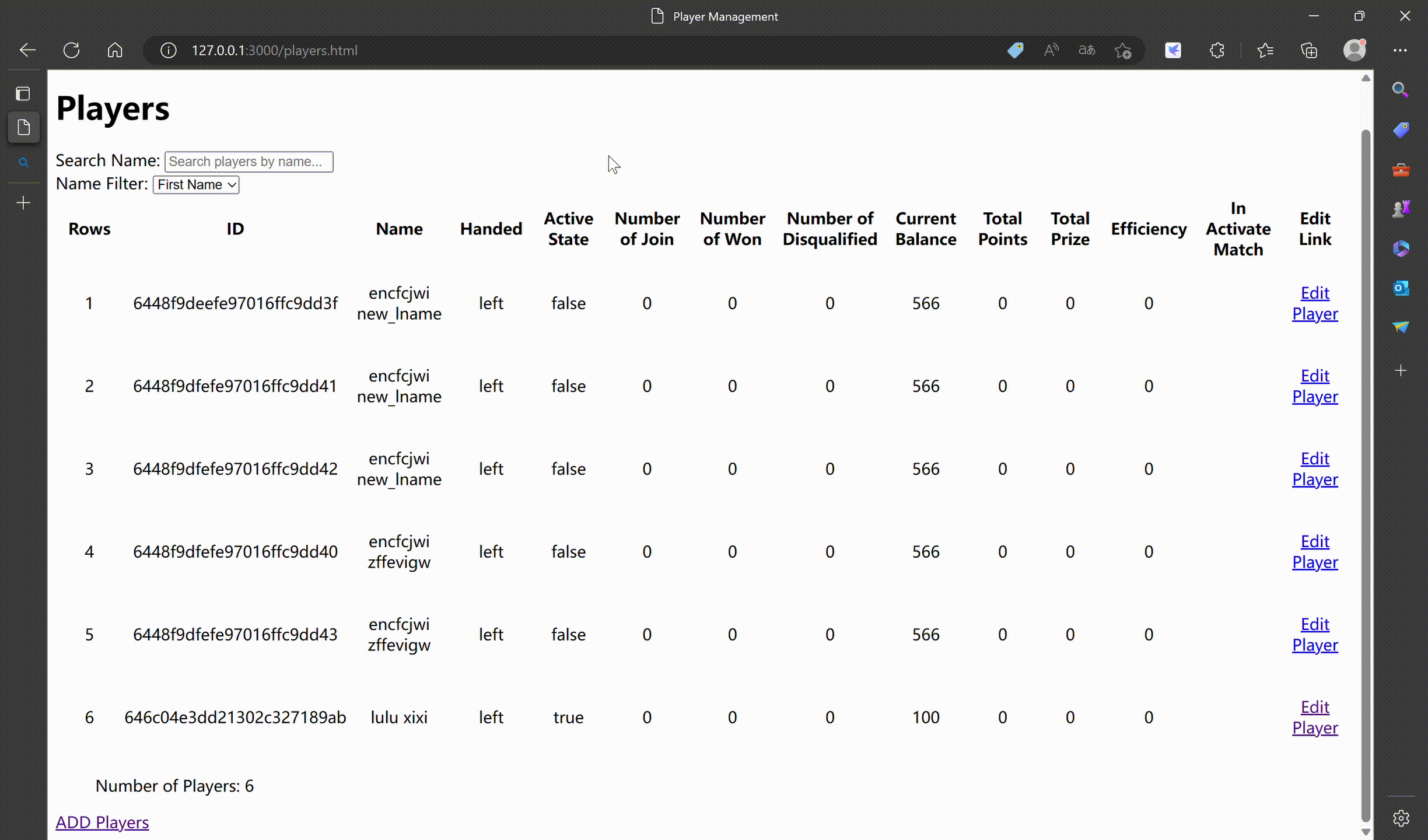 Tennis Player/Match Manage System